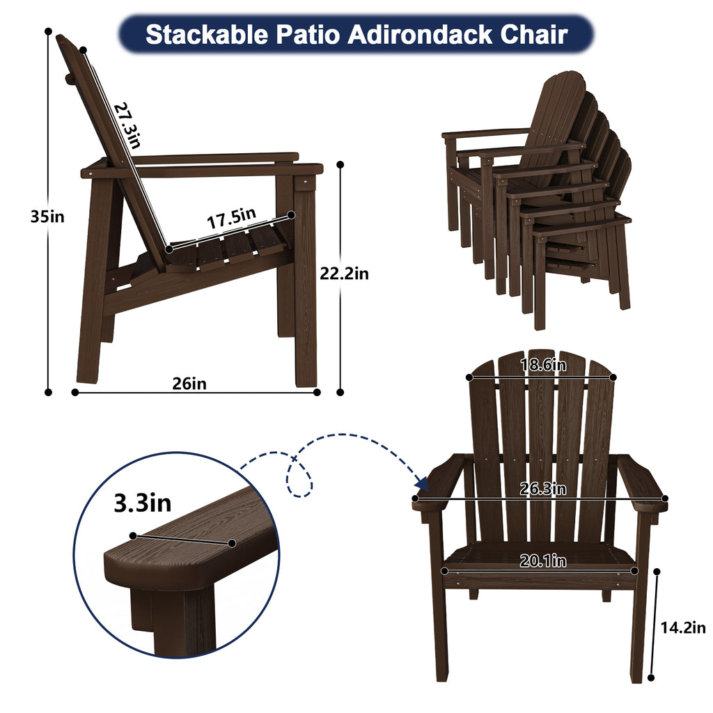 Awoutwood Stackable HDPE Adirondack Dining Chair, 2Pack & 4Pack , Wood Grain Ergonomic Compact Design for Fire Pit & Patio