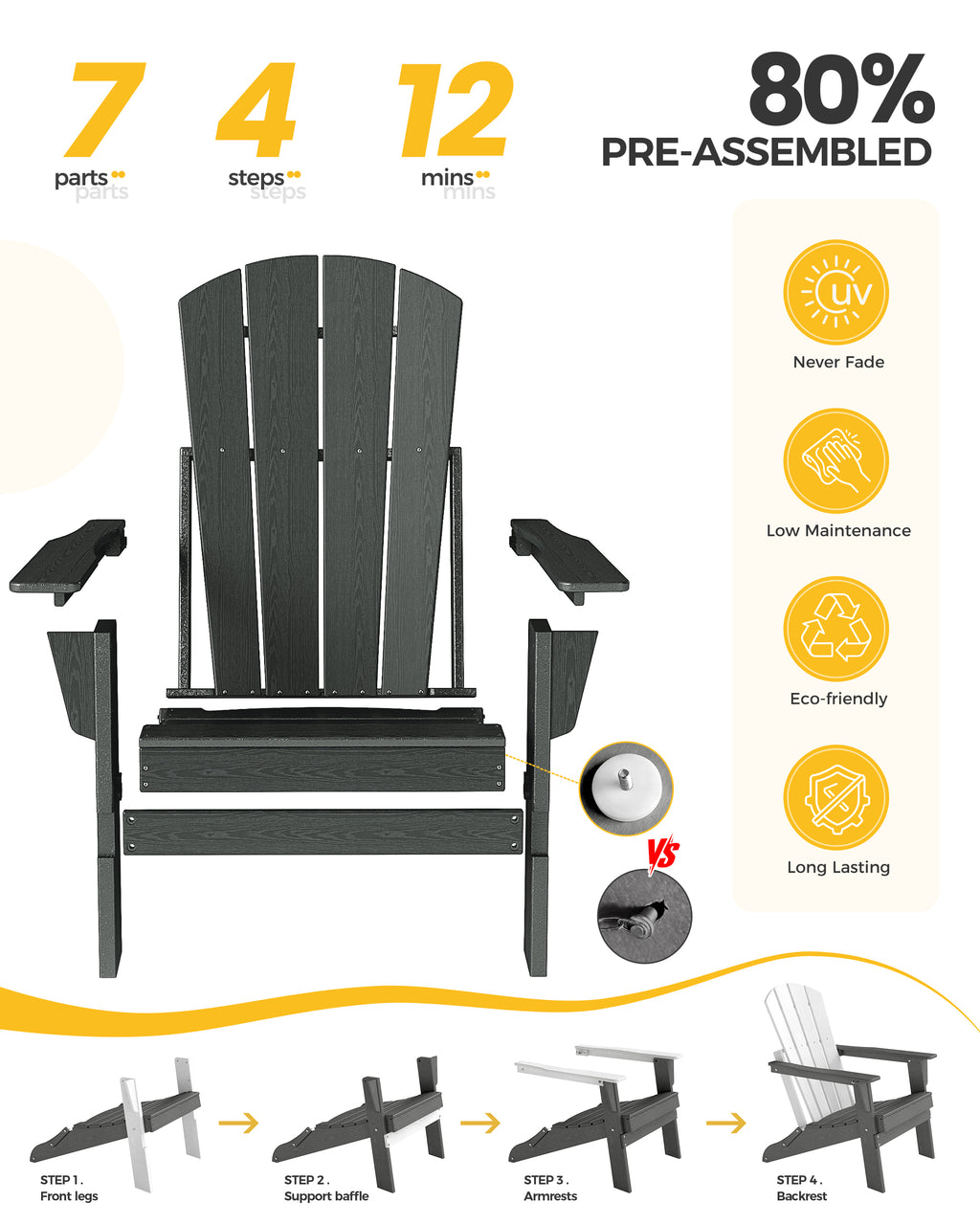 Foldable Wood Grain HDPE Adirondack Chair , 2 Pack & 4 Pack ,  all-weather , 304 Stainless Steel Hardware