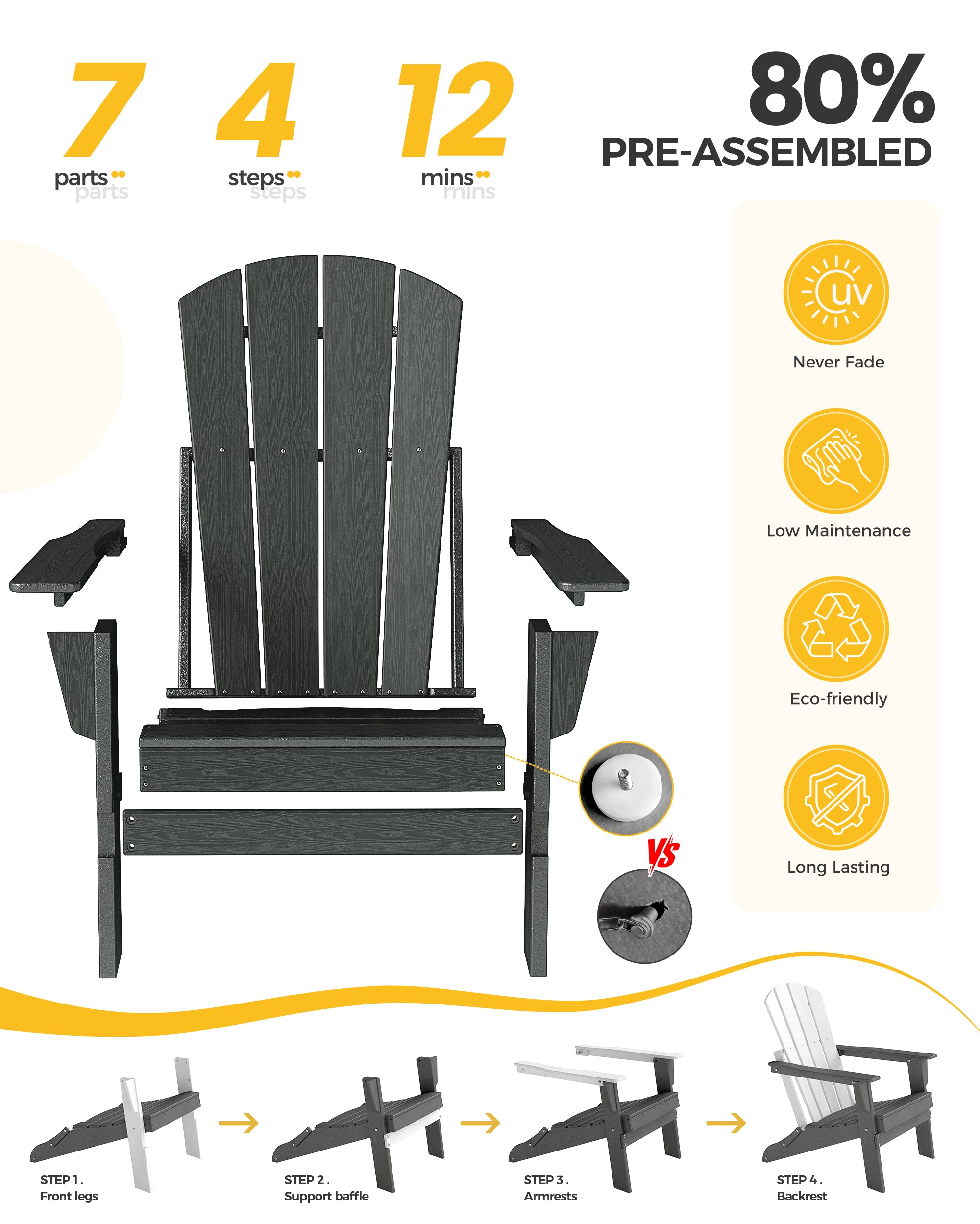 Foldable Wood Grain HDPE Adirondack Chair , 2 Pack & 4 Pack ,  all-weather , 304 Stainless Steel Hardware