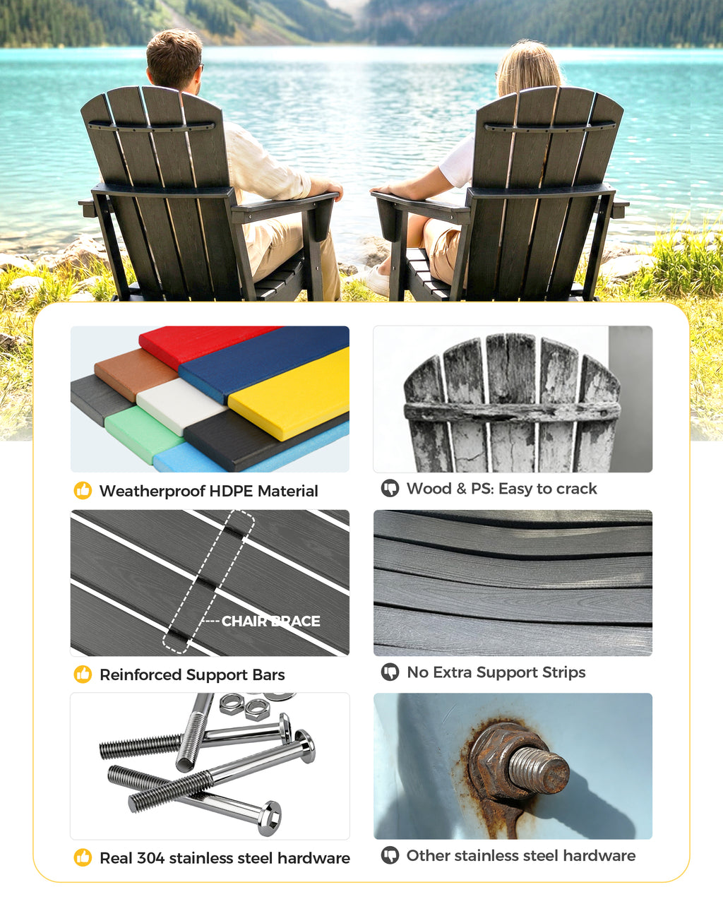 Foldable Wood Grain HDPE Adirondack Chair , 2 Pack & 4 Pack ,  all-weather , 304 Stainless Steel Hardware