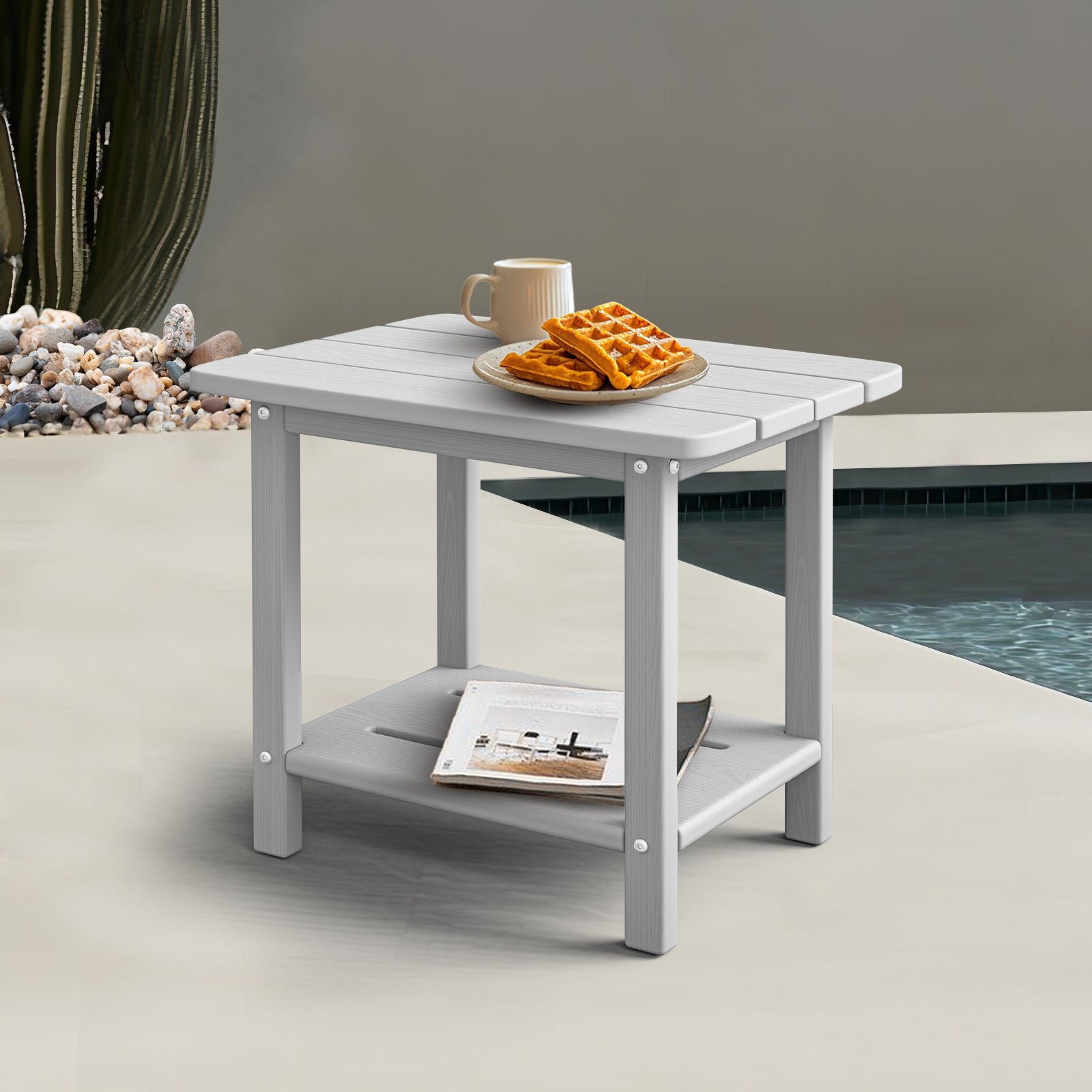 Awoutwood HDPE 2-Tier Adirondack Side Table,Weather Resistant & Double Layer Outdoor Patio Accent Table