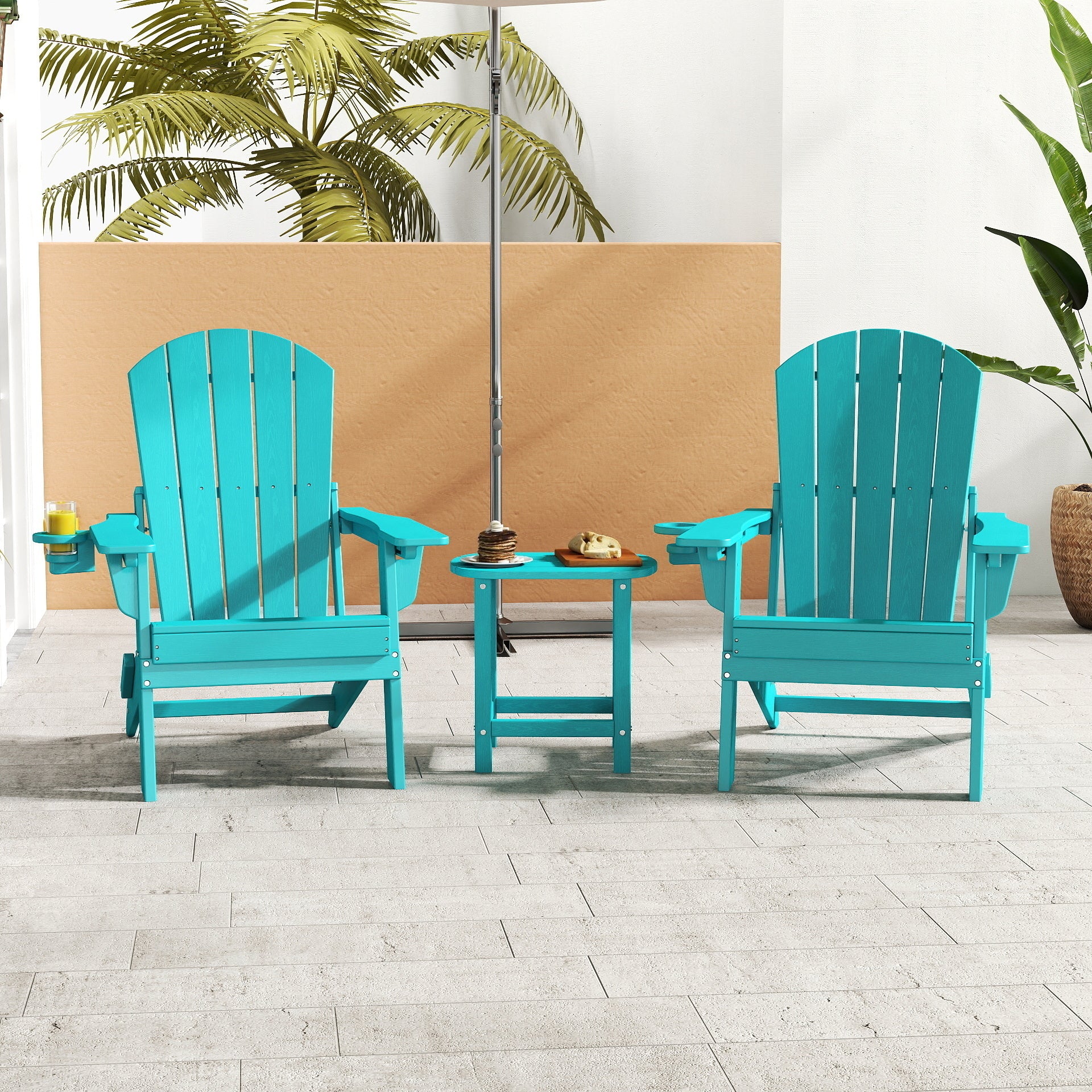 AWoutwood 3-Piece Set Adirondack Chair, Side Table & Foldable Chair with Cup Holders, Wood-Grain Finish