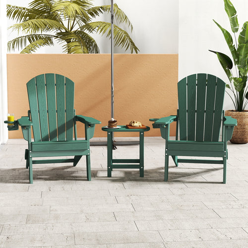 AWoutwood 3-Piece Set Adirondack Chair, Side Table & Foldable Chair with Cup Holders, Wood-Grain Finish