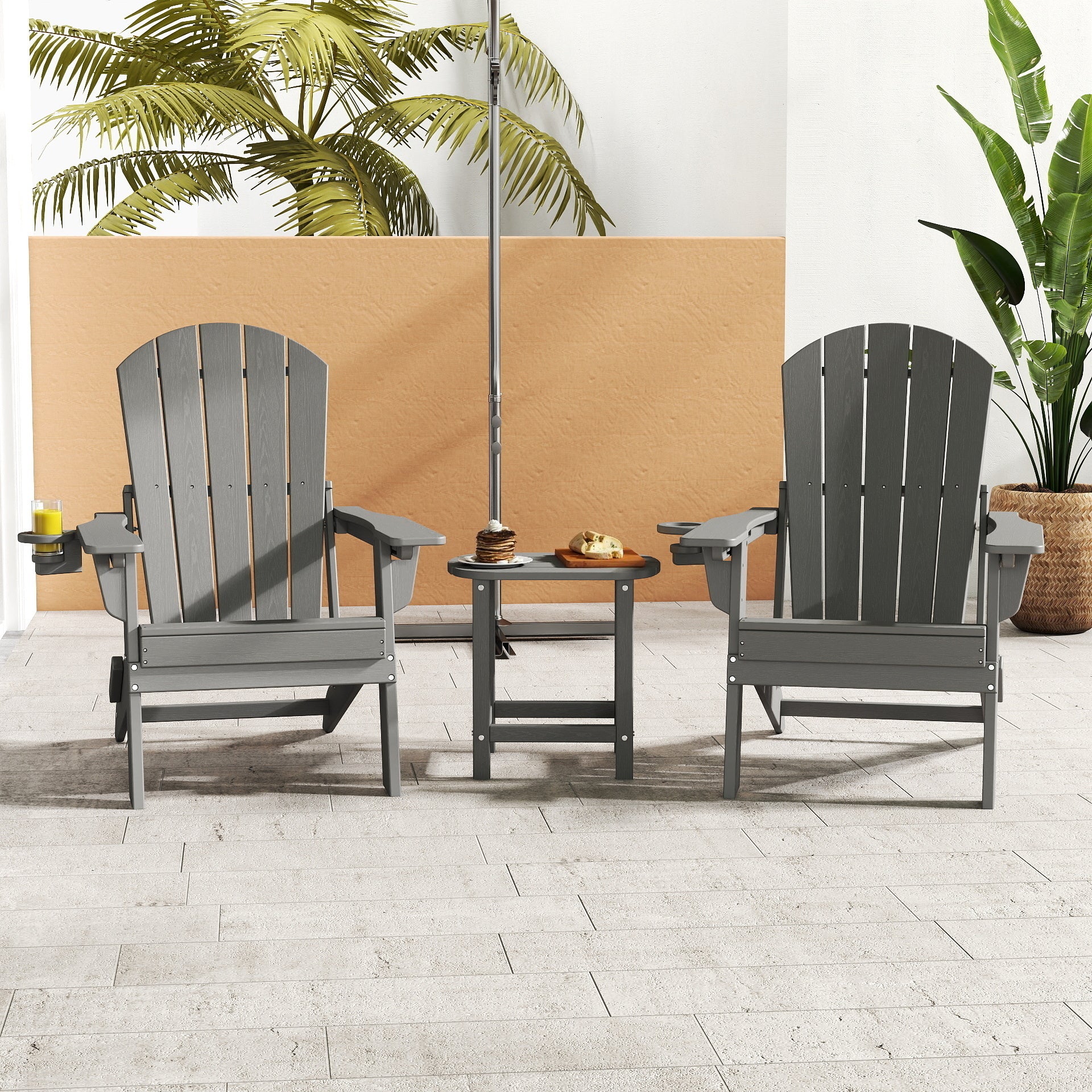 AWoutwood 3-Piece Set Adirondack Chair, Side Table & Foldable Chair with Cup Holders, Wood-Grain Finish