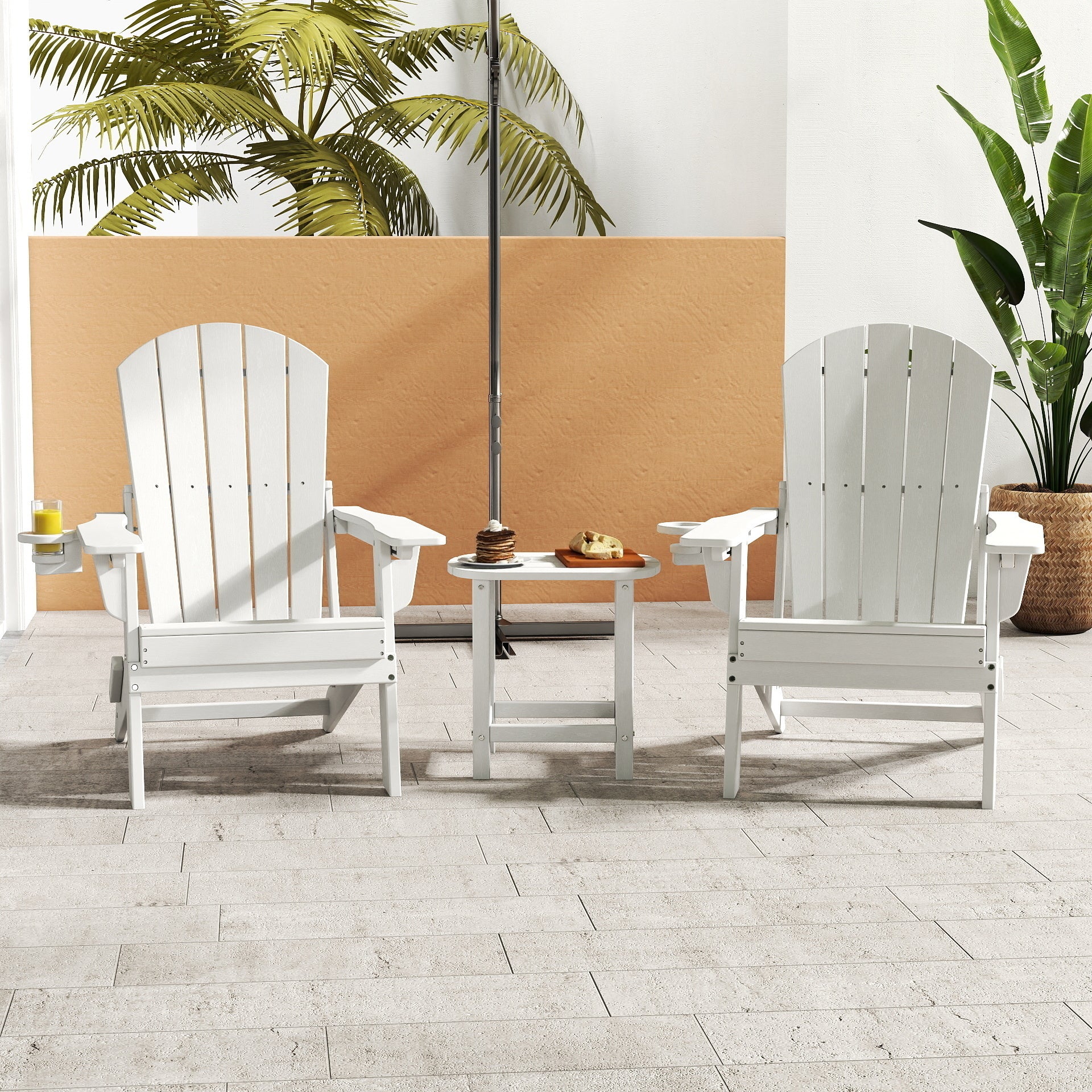 AWoutwood 3-Piece Set Adirondack Chair, Side Table & Foldable Chair with Cup Holders, Wood-Grain Finish
