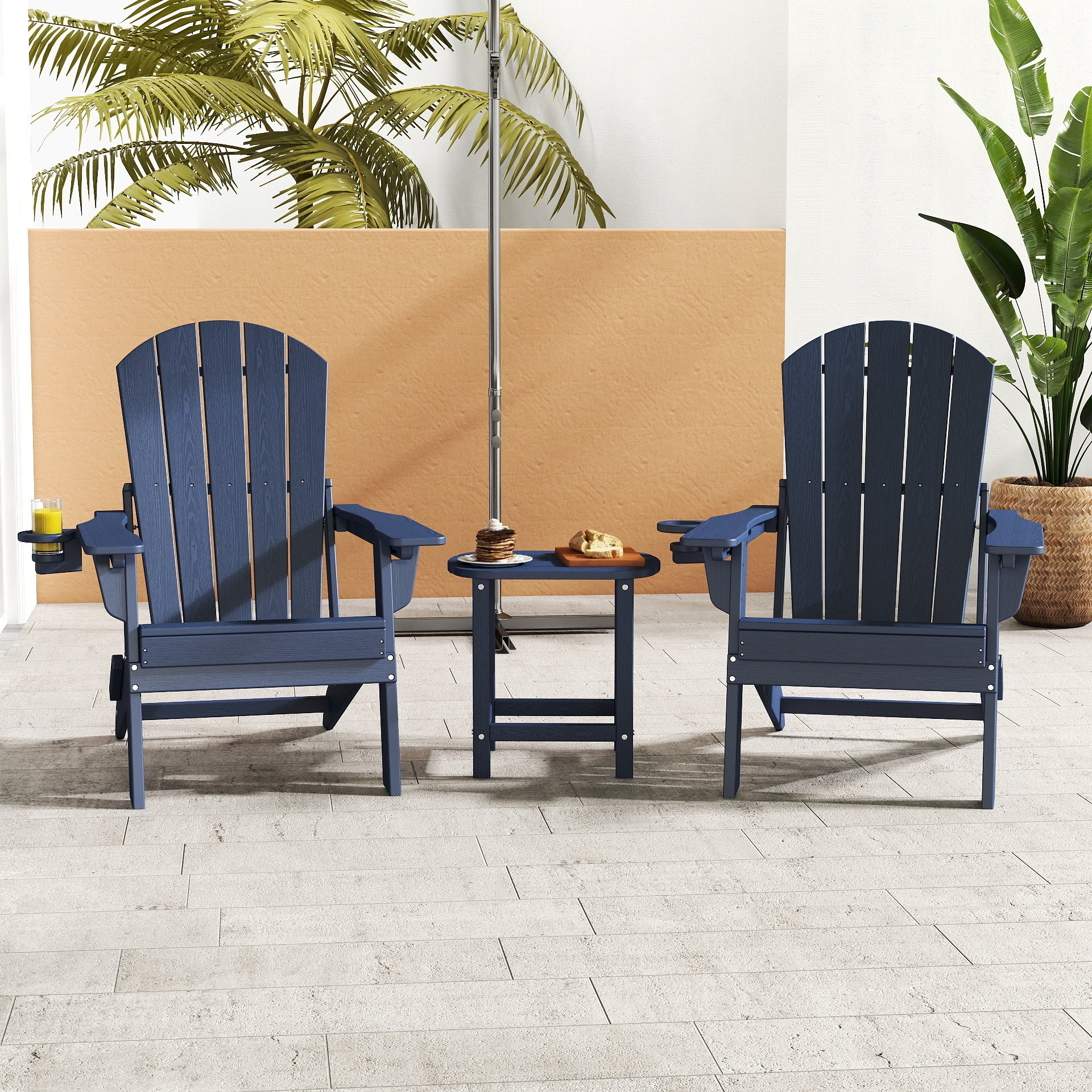 AWoutwood 3-Piece Set Adirondack Chair, Side Table & Foldable Chair with Cup Holders, Wood-Grain Finish