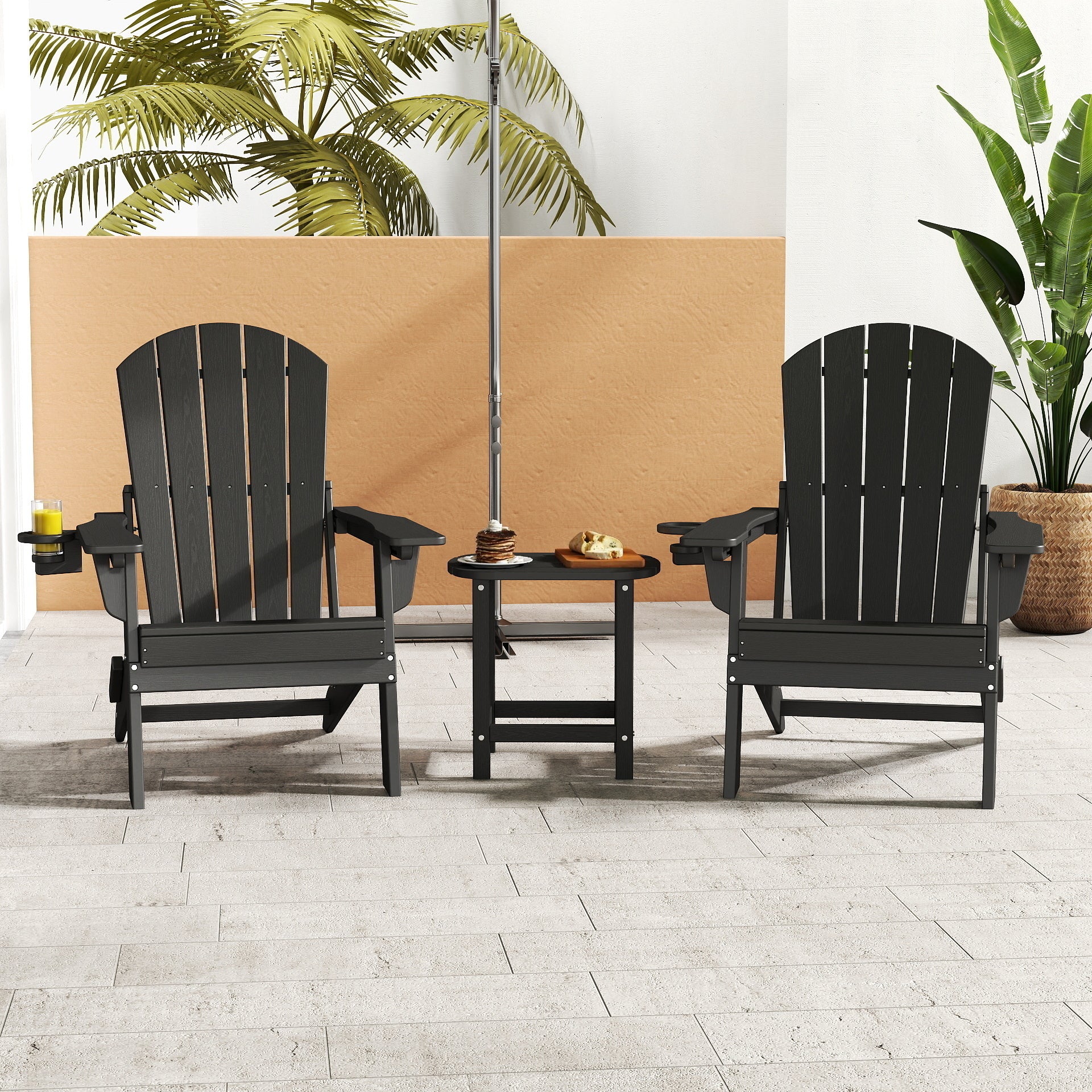AWoutwood 3-Piece Set Adirondack Chair, Side Table & Foldable Chair with Cup Holders, Wood-Grain Finish