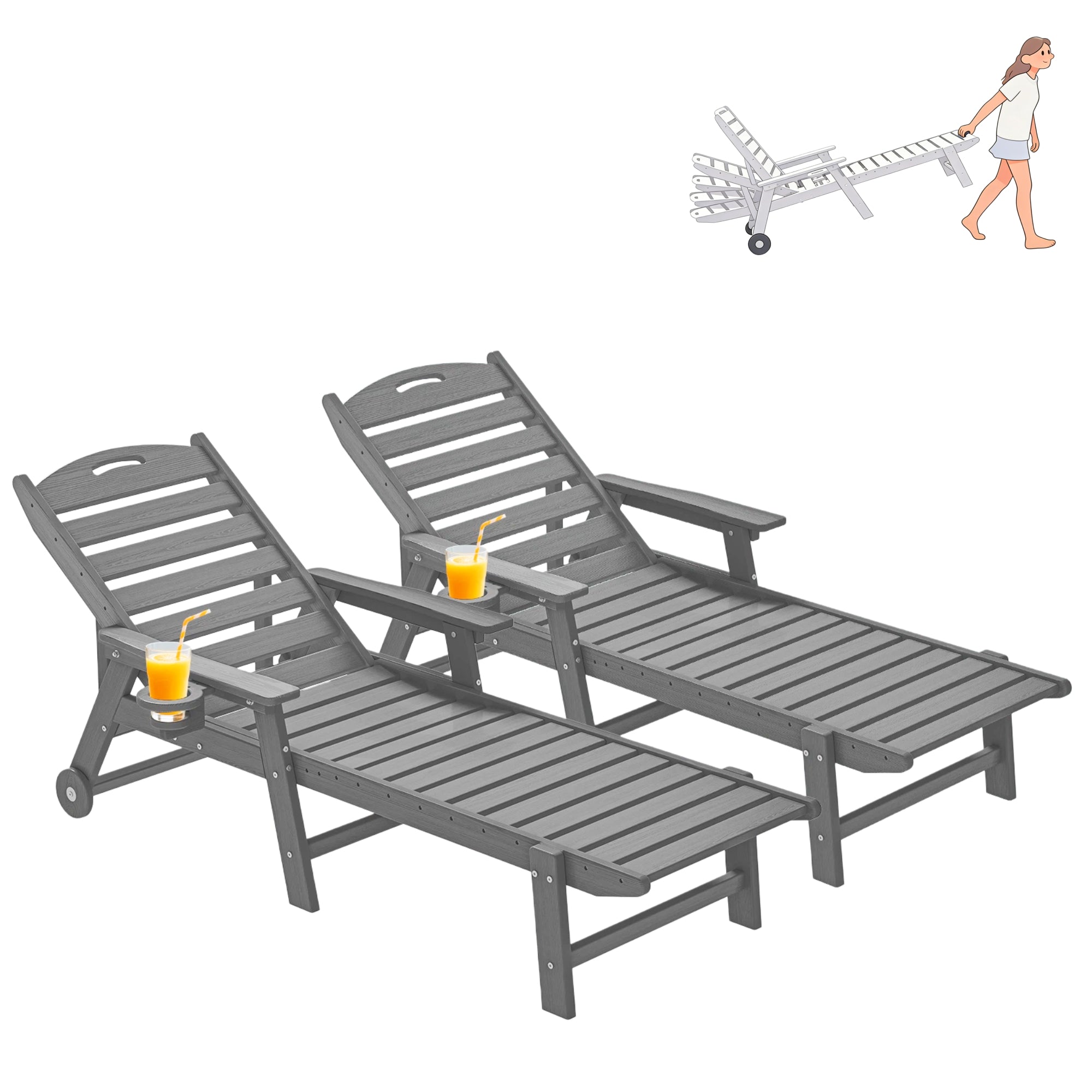 Awoutwood HDPE Lounge Chair with cup holder , 1 Pack & 2 Pack, Adjustable Backrest-4-Position Reclining, Outdoor Recliner with Multiple Recline Settings