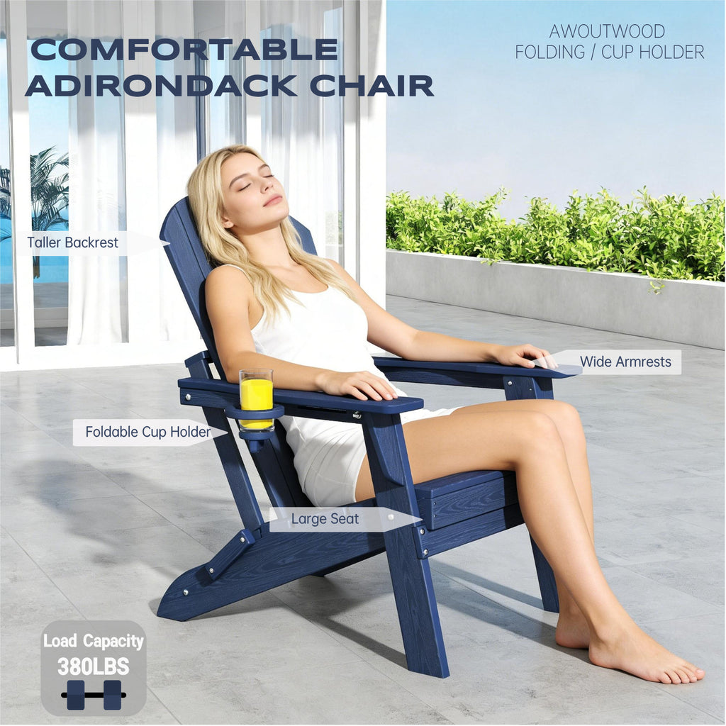 AWouwood Foldable Adirondack chair with cup holder , 2 Pack & 4Pack & 6Pack, All-wether Wood-Grain Finish