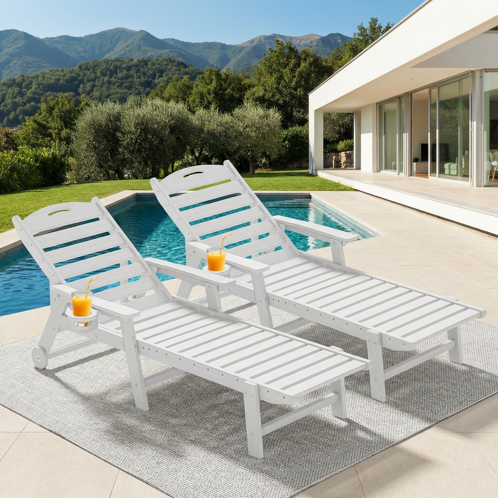 Awoutwood HDPE Lounge Chair with cup holder , 1 Pack & 2 Pack, Adjustable Backrest-4-Position Reclining, Outdoor Recliner with Multiple Recline Settings