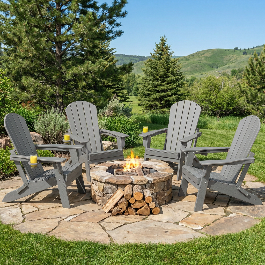 AWouwood Foldable Adirondack chair with cup holder , 2 Pack & 4Pack & 6Pack, All-wether Wood-Grain Finish