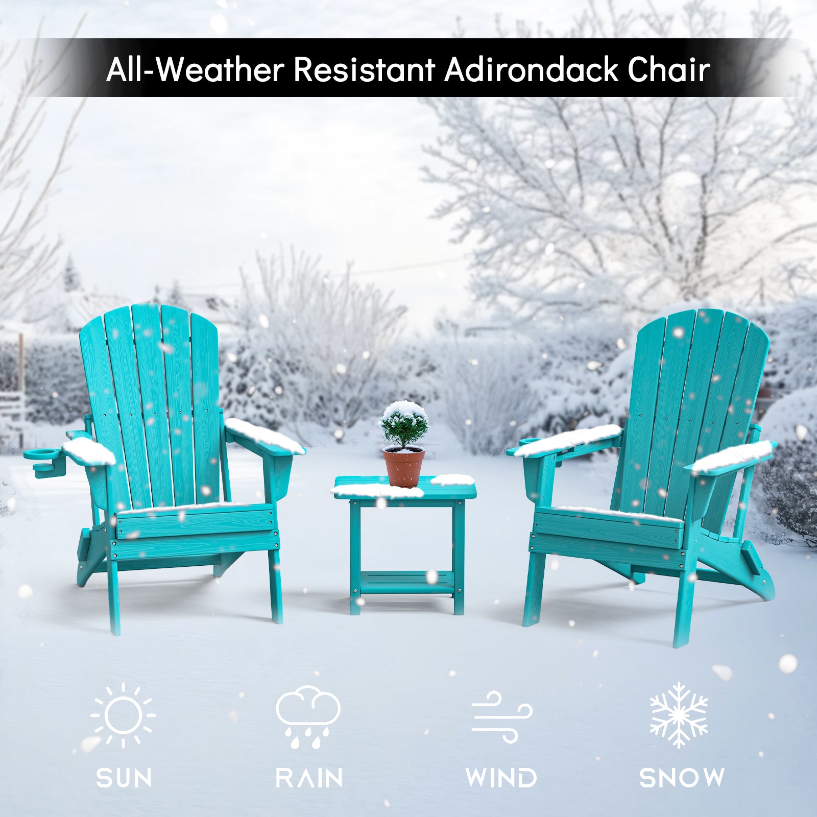 AWoutwood 3-Piece Set Adirondack Chair, Side Table & Foldable Chair with Cup Holders, Wood-Grain Finish