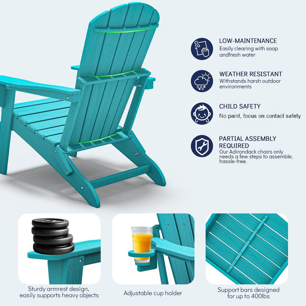 AWoutwood 3-Piece Set Adirondack Chair, Side Table & Foldable Chair with Cup Holders, Wood-Grain Finish