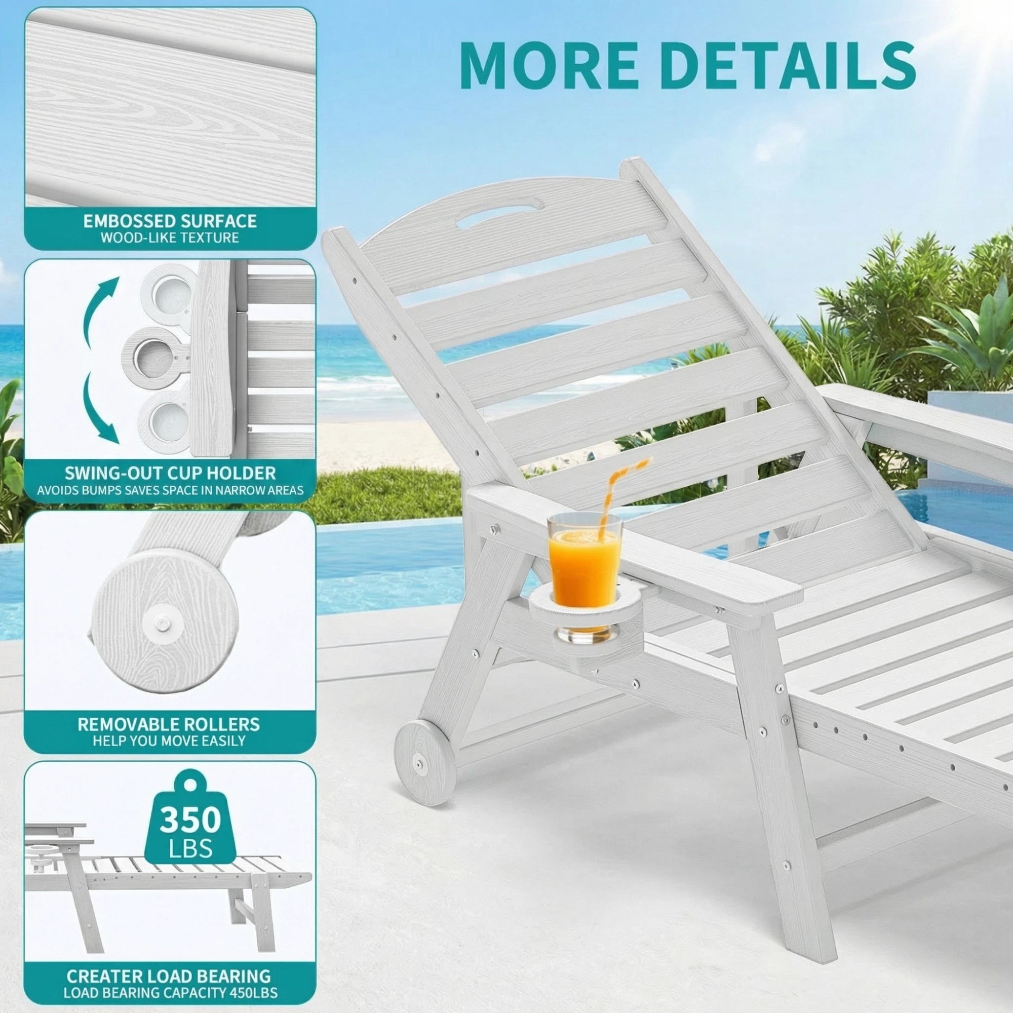 Awoutwood HDPE Lounge Chair with cup holder , 1 Pack & 2 Pack, Adjustable Backrest-4-Position Reclining, Outdoor Recliner with Multiple Recline Settings