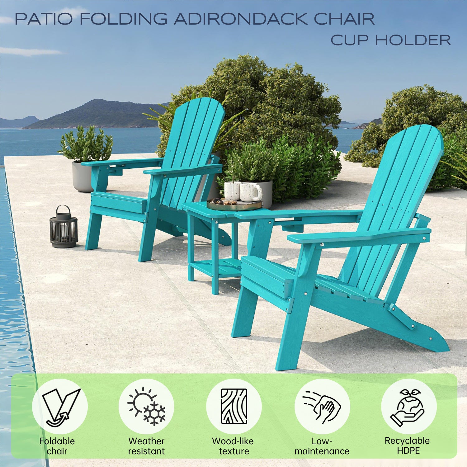 AWouwood Foldable Adirondack chair with cup holder , 2 Pack & 4Pack & 6Pack, All-wether Wood-Grain Finish