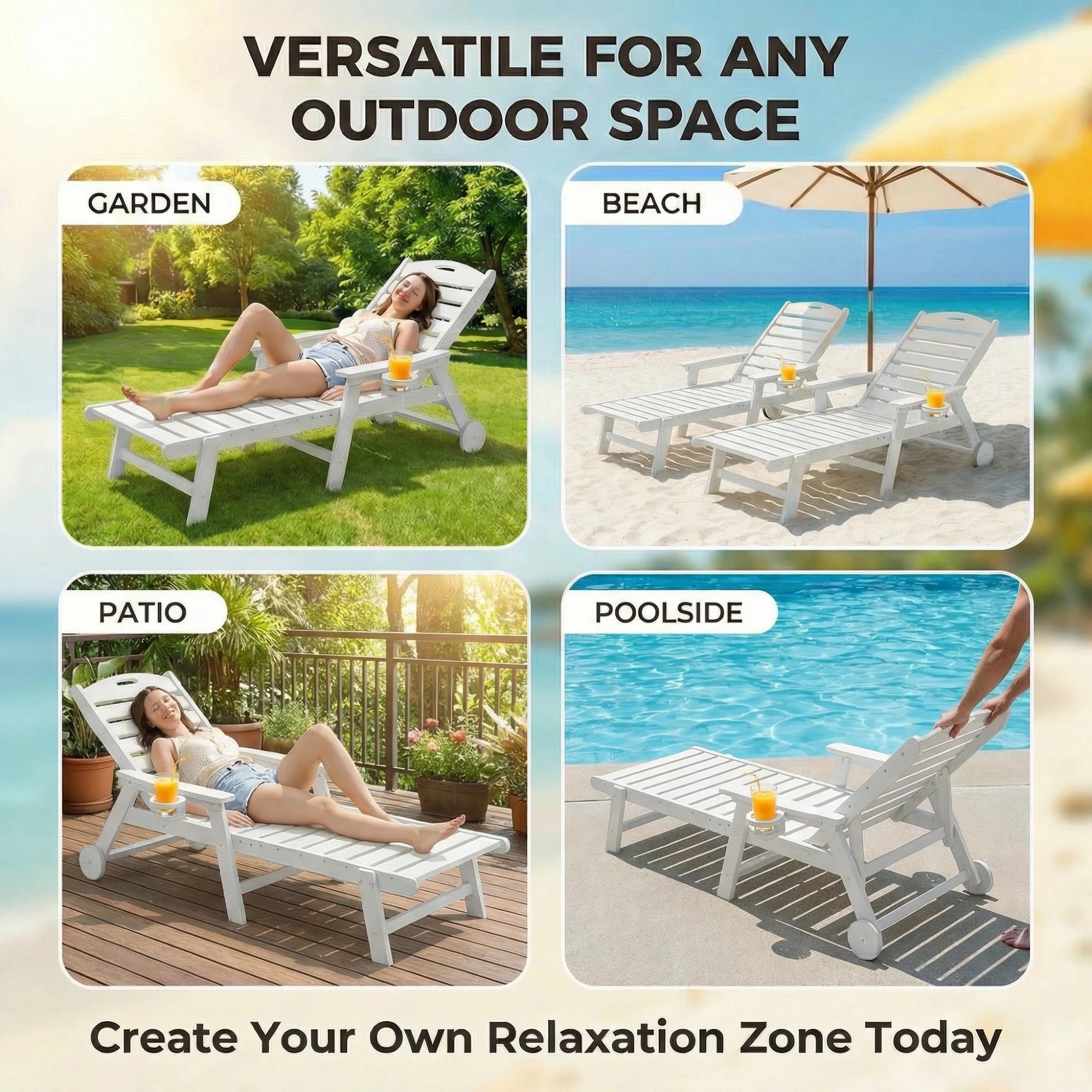 Awoutwood HDPE Lounge Chair with cup holder , 1 Pack & 2 Pack, Adjustable Backrest-4-Position Reclining, Outdoor Recliner with Multiple Recline Settings