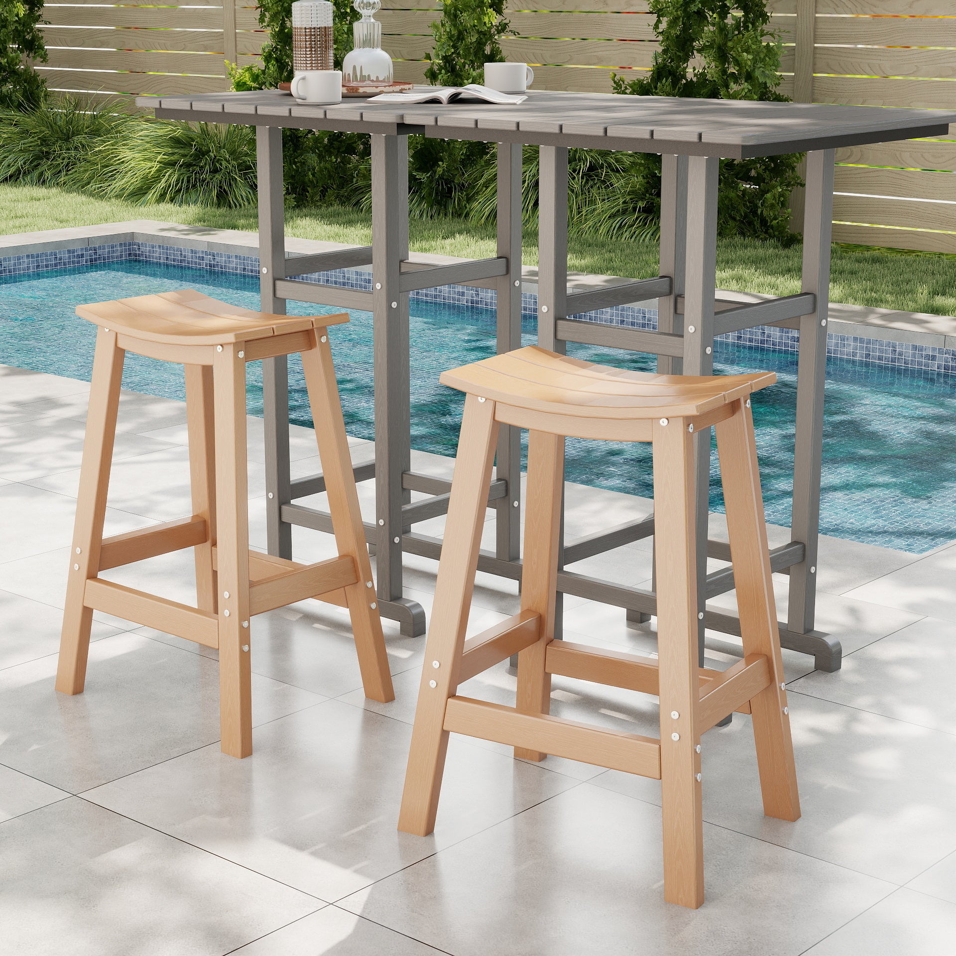 Awoutwood HDPE Saddle Bar Stool Set of 2 , Curved Seat with Built-in Foot Rest & UV-resistant