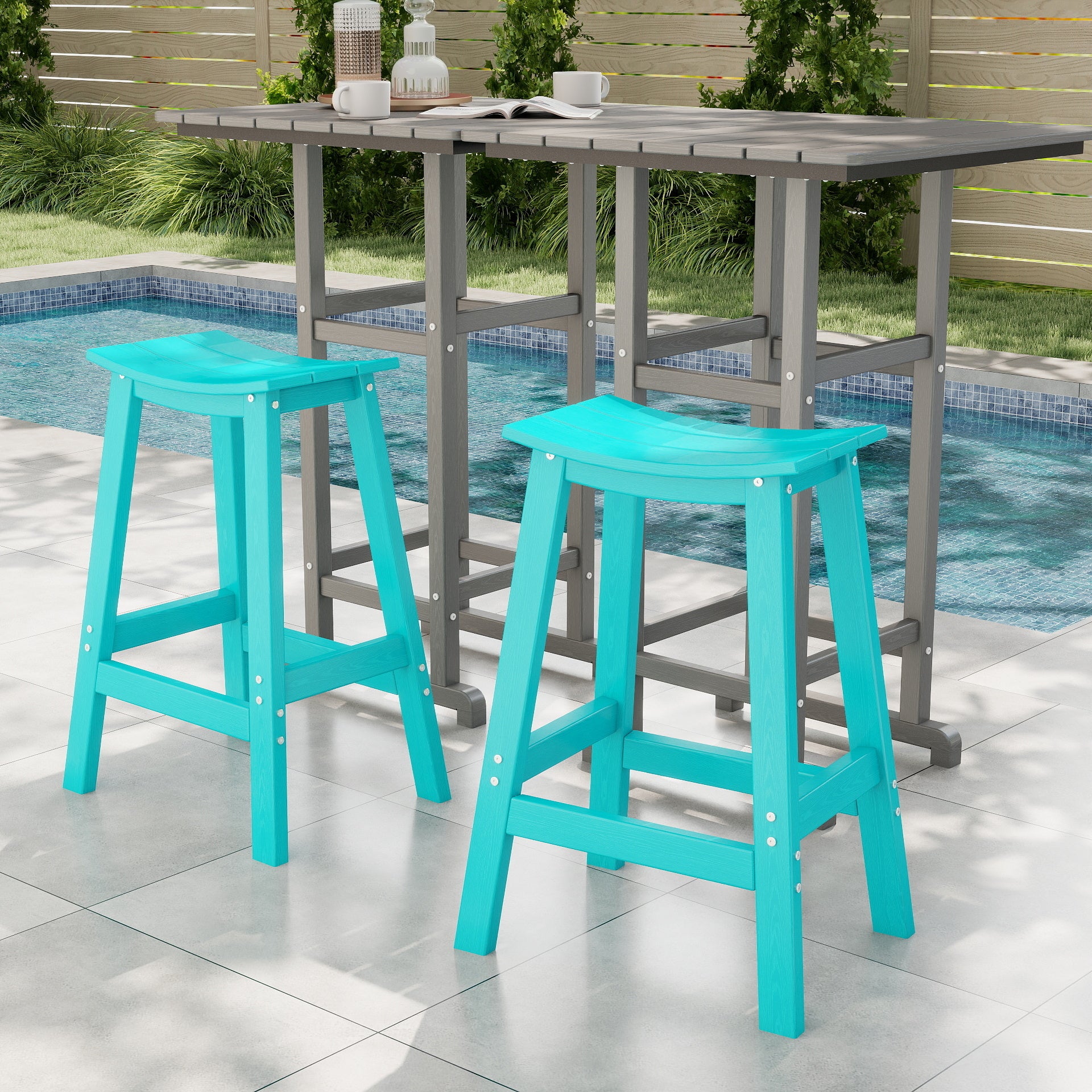 Awoutwood HDPE Saddle Bar Stool Set of 2 , Curved Seat with Built-in Foot Rest & UV-resistant