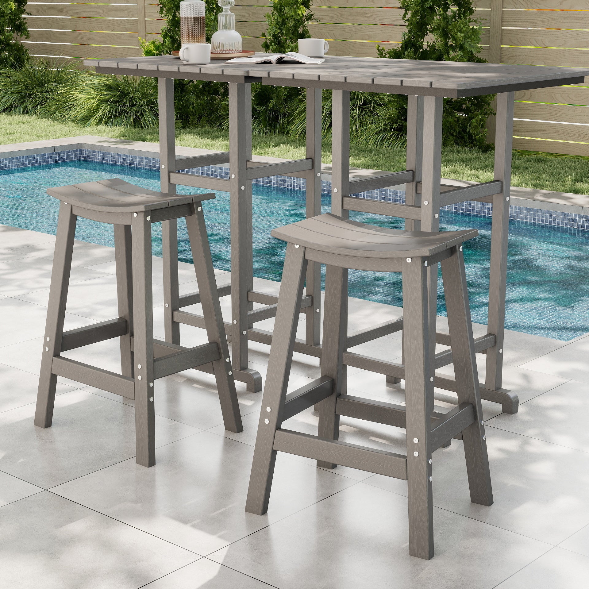 Awoutwood HDPE Saddle Bar Stool Set of 2 , Curved Seat with Built-in Foot Rest & UV-resistant