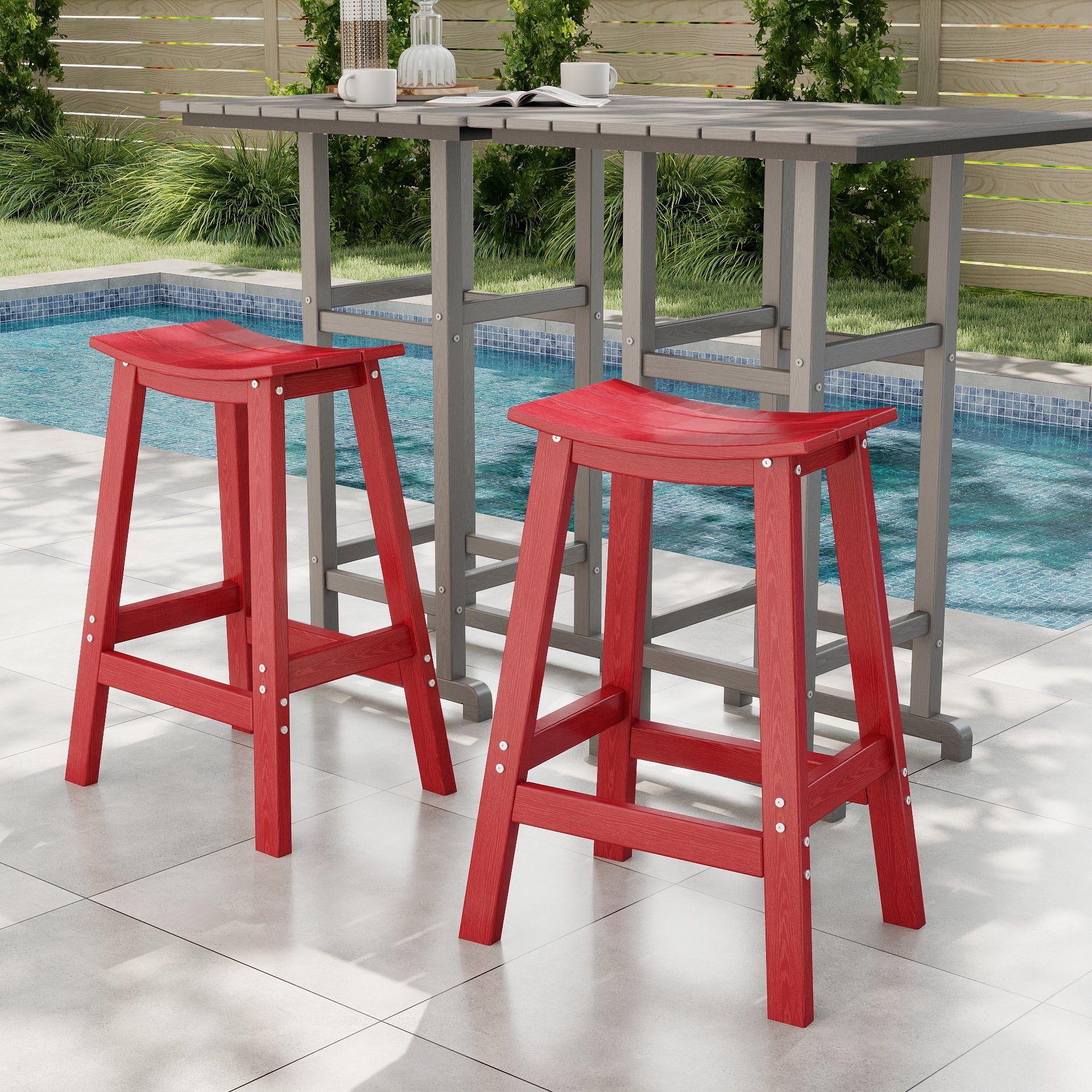 Awoutwood HDPE Saddle Bar Stool Set of 2 , Curved Seat with Built-in Foot Rest & UV-resistant