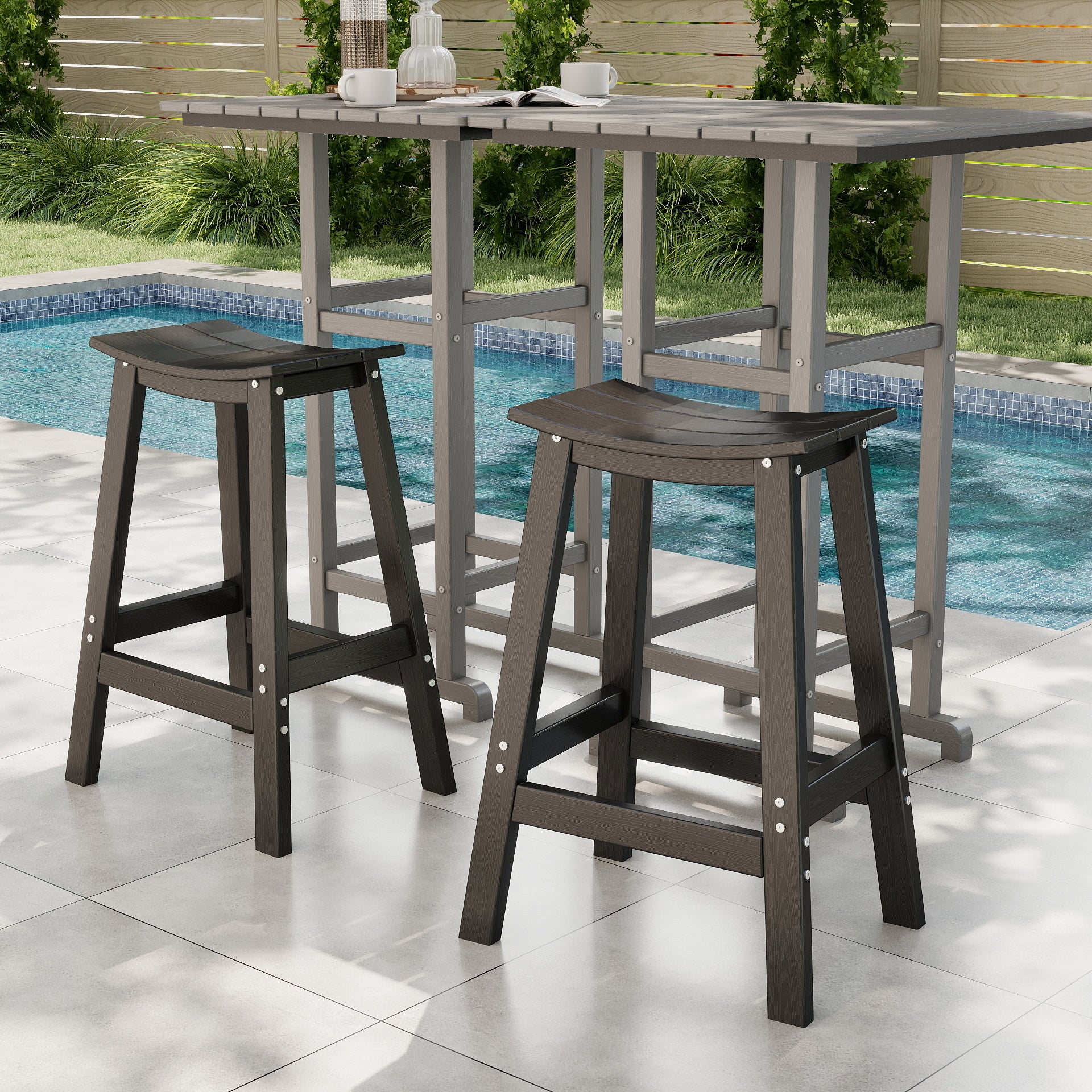 Awoutwood HDPE Saddle Bar Stool Set of 2 , Curved Seat with Built-in Foot Rest & UV-resistant