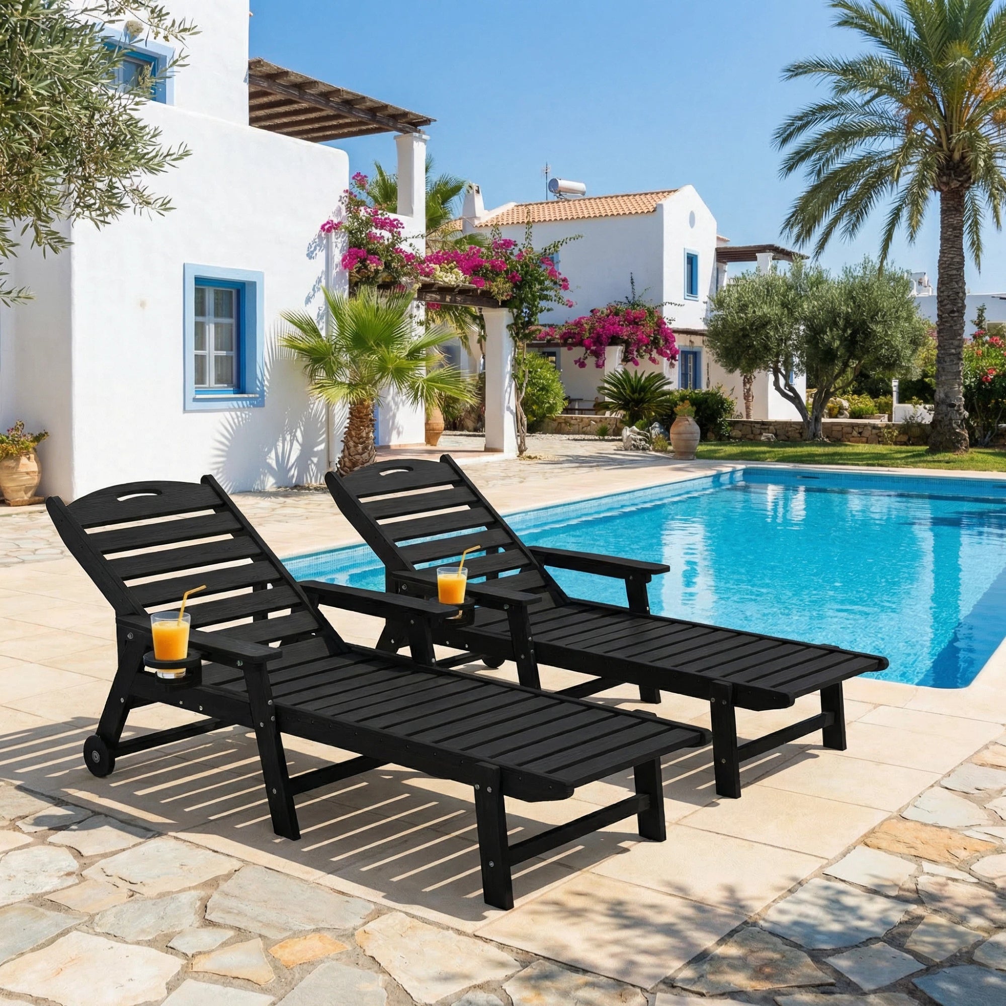 Awoutwood HDPE Lounge Chair with cup holder , 1 Pack & 2 Pack, Adjustable Backrest-4-Position Reclining, Outdoor Recliner with Multiple Recline Settings