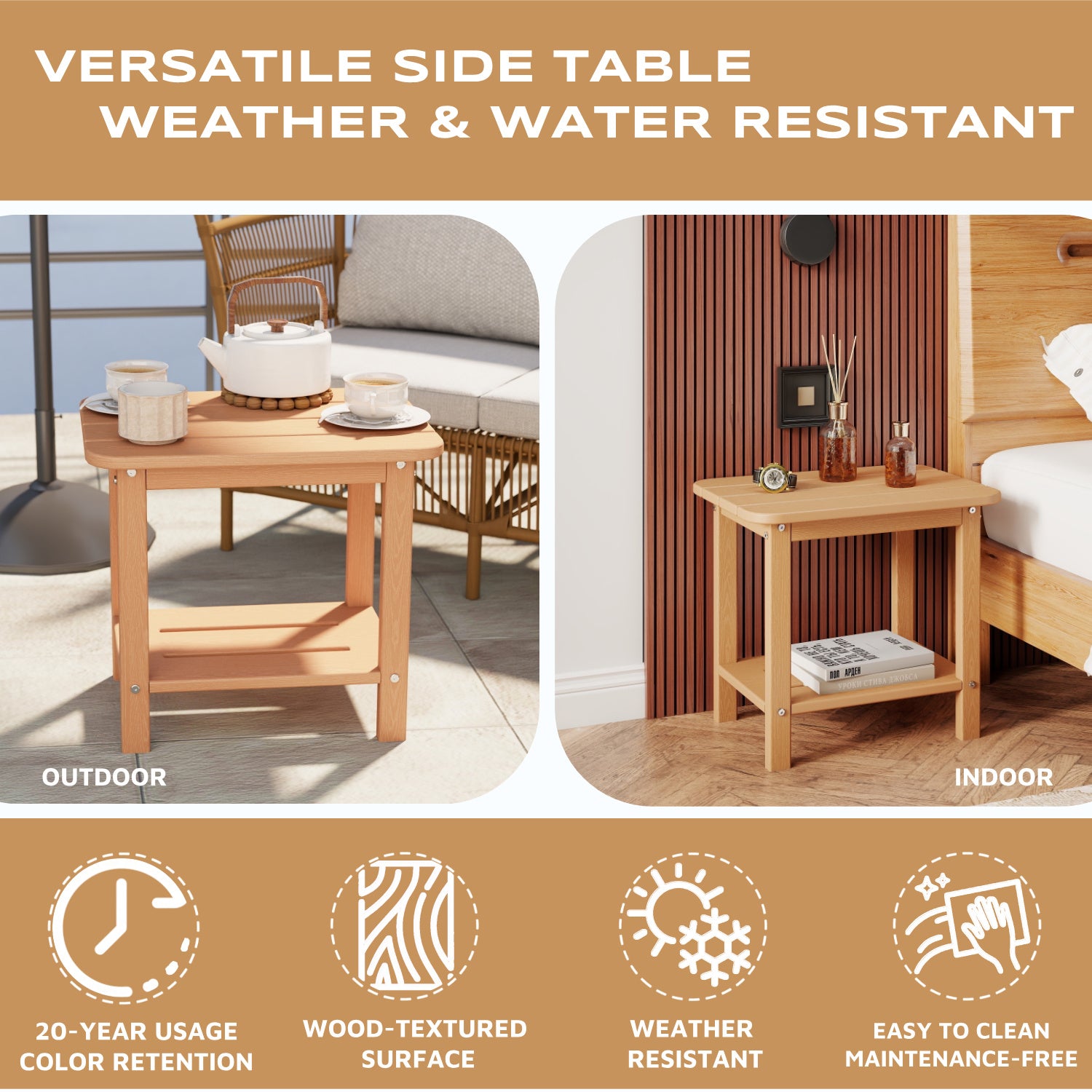 Awoutwood HDPE 2-Tier Adirondack Side Table,Weather Resistant & Double Layer Outdoor Patio Accent Table