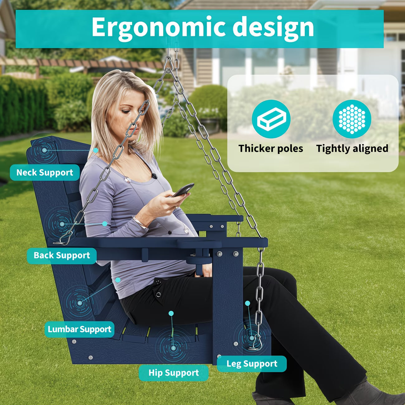 Awoutwood HDPE Double Seat Swing Chair with Cup Holders, Rustproof Weather Resistant with 304 Stainless Steel Chains
