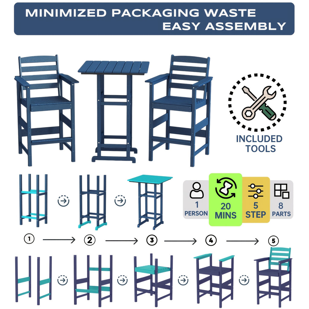 Awoutwood Tall Adirondack Bar Set chair & HDPE Bar Table, 3-Piece & 5-Piece Bar Set, Weatherproof Wood Grain Outdoor Patio Furniture