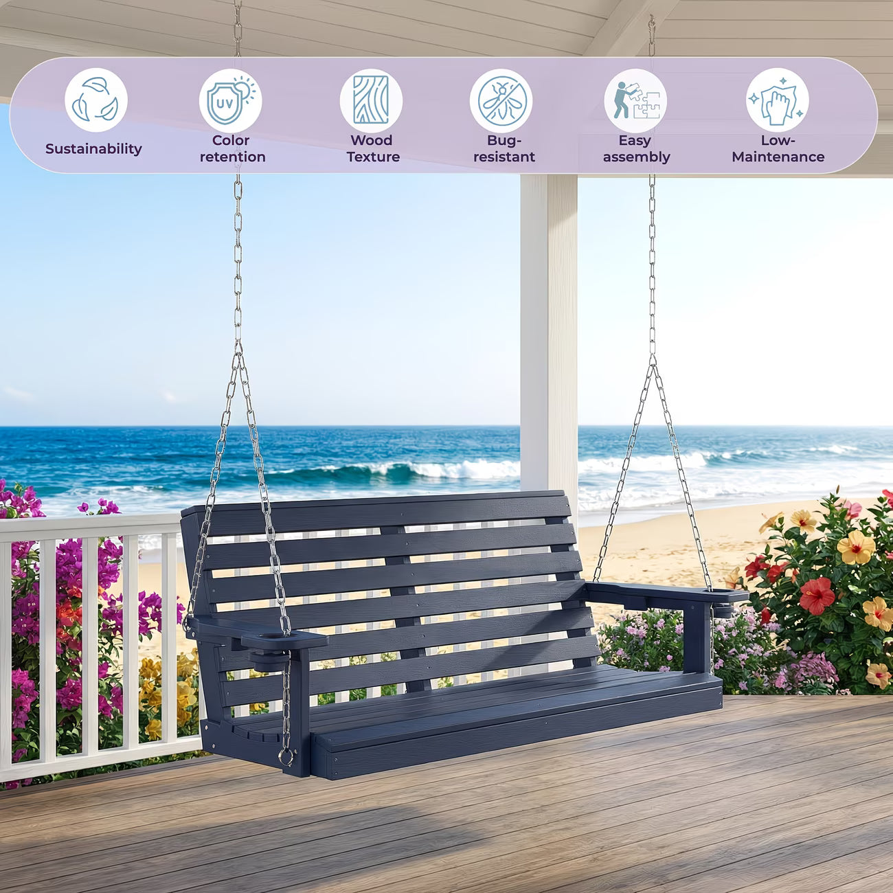 Awoutwood HDPE Double Seat Swing Chair with Cup Holders, Rustproof Weather Resistant with 304 Stainless Steel Chains