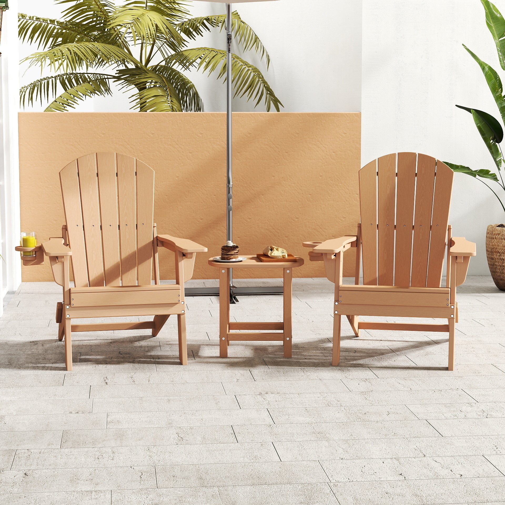 AWoutwood 3-Piece Set Adirondack Chair, Side Table & Foldable Chair with Cup Holders, Wood-Grain Finish