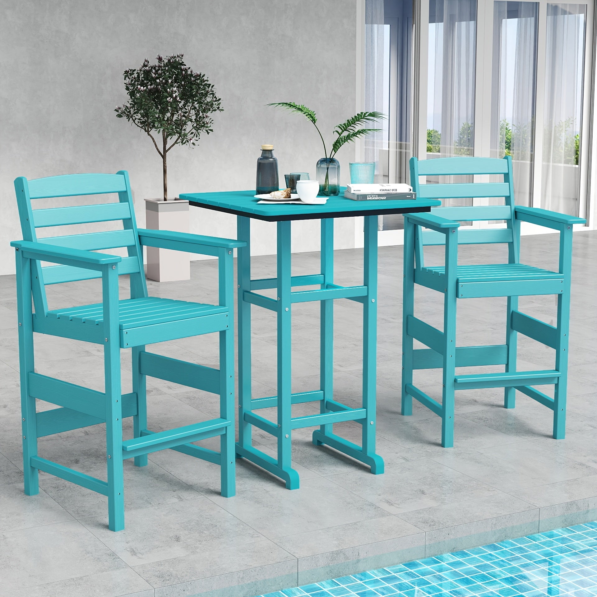 Awoutwood Tall Adirondack Bar Set chair & HDPE Bar Table, 3-Piece & 5-Piece Bar Set, Weatherproof Wood Grain Outdoor Patio Furniture