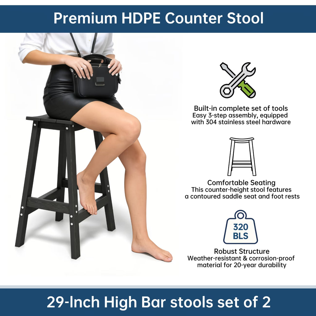 Awoutwood HDPE Saddle Bar Stool Set of 2 , Curved Seat with Built-in Foot Rest & UV-resistant
