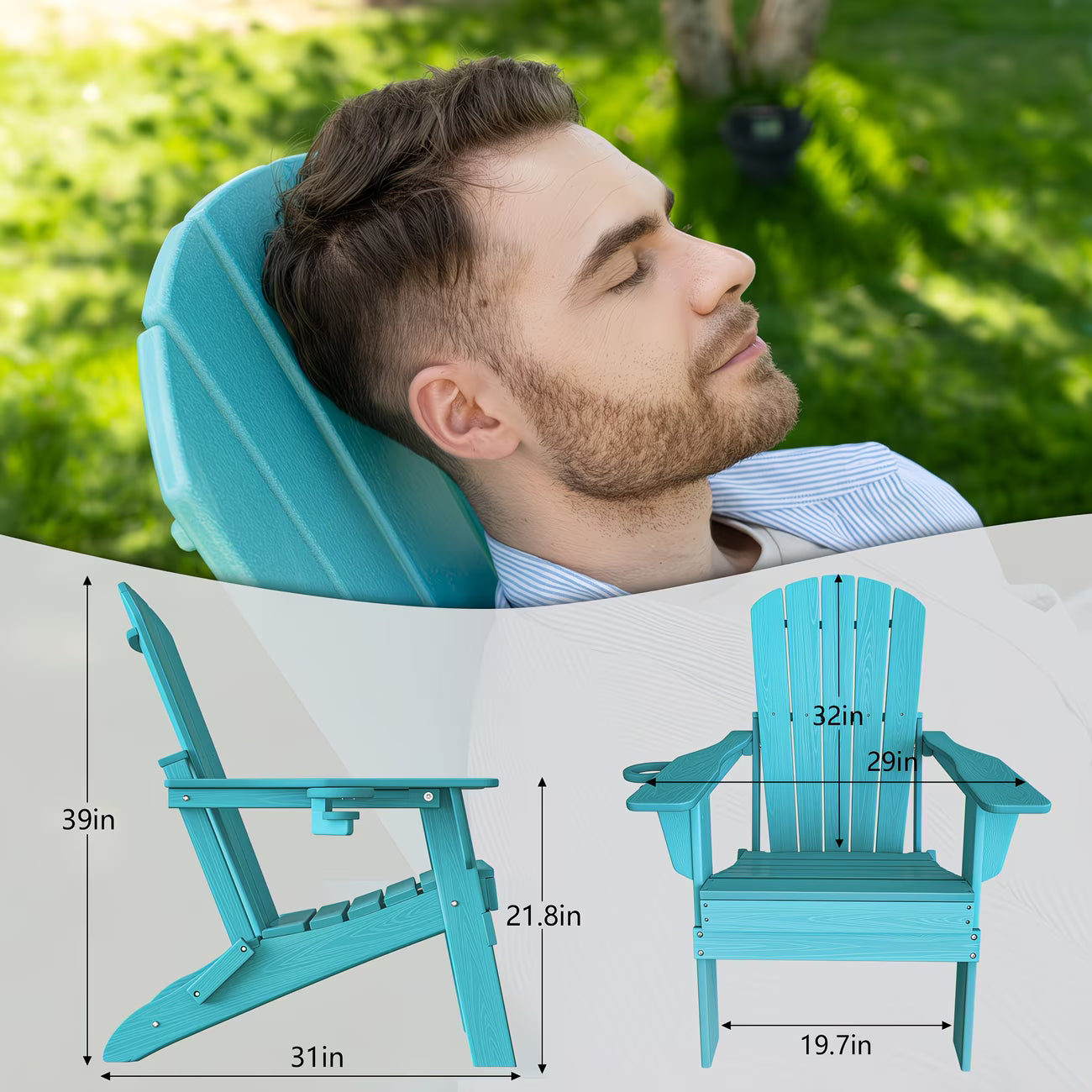 AWoutwood 3-Piece Set Adirondack Chair, Side Table & Foldable Chair with Cup Holders, Wood-Grain Finish