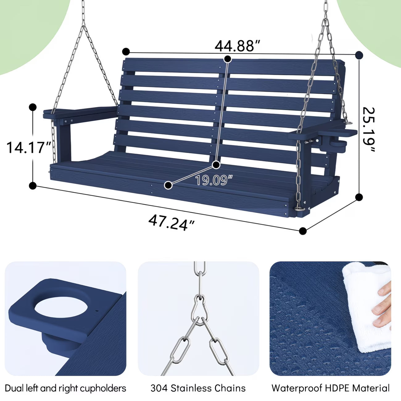 Awoutwood HDPE Double Seat Swing Chair with Cup Holders, Rustproof Weather Resistant with 304 Stainless Steel Chains