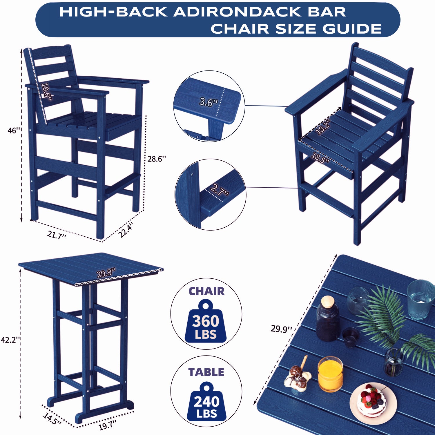 Awoutwood Tall Adirondack Bar Set chair & HDPE Bar Table, 3-Piece & 5-Piece Bar Set, Weatherproof Wood Grain Outdoor Patio Furniture