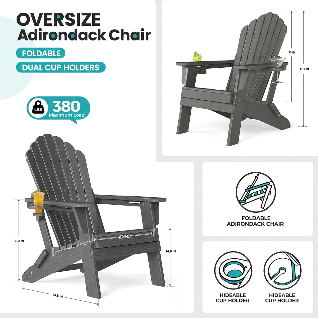Awoutwood Foldable HDPE Adirondack Chair with Dual Cup Holders,2 Pack & 4 Pack & 3Pack , Weather Resistant Premium Wood Grain Finish, 304 Stainless Steel Hardware