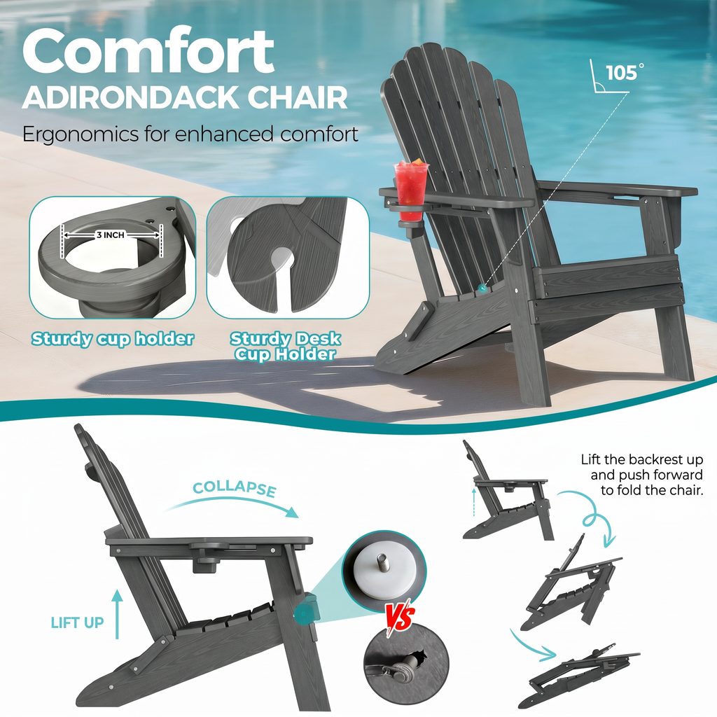 Awoutwood Foldable HDPE Adirondack Chair with Dual Cup Holders,2 Pack & 4 Pack & 3Pack , Weather Resistant Premium Wood Grain Finish, 304 Stainless Steel Hardware