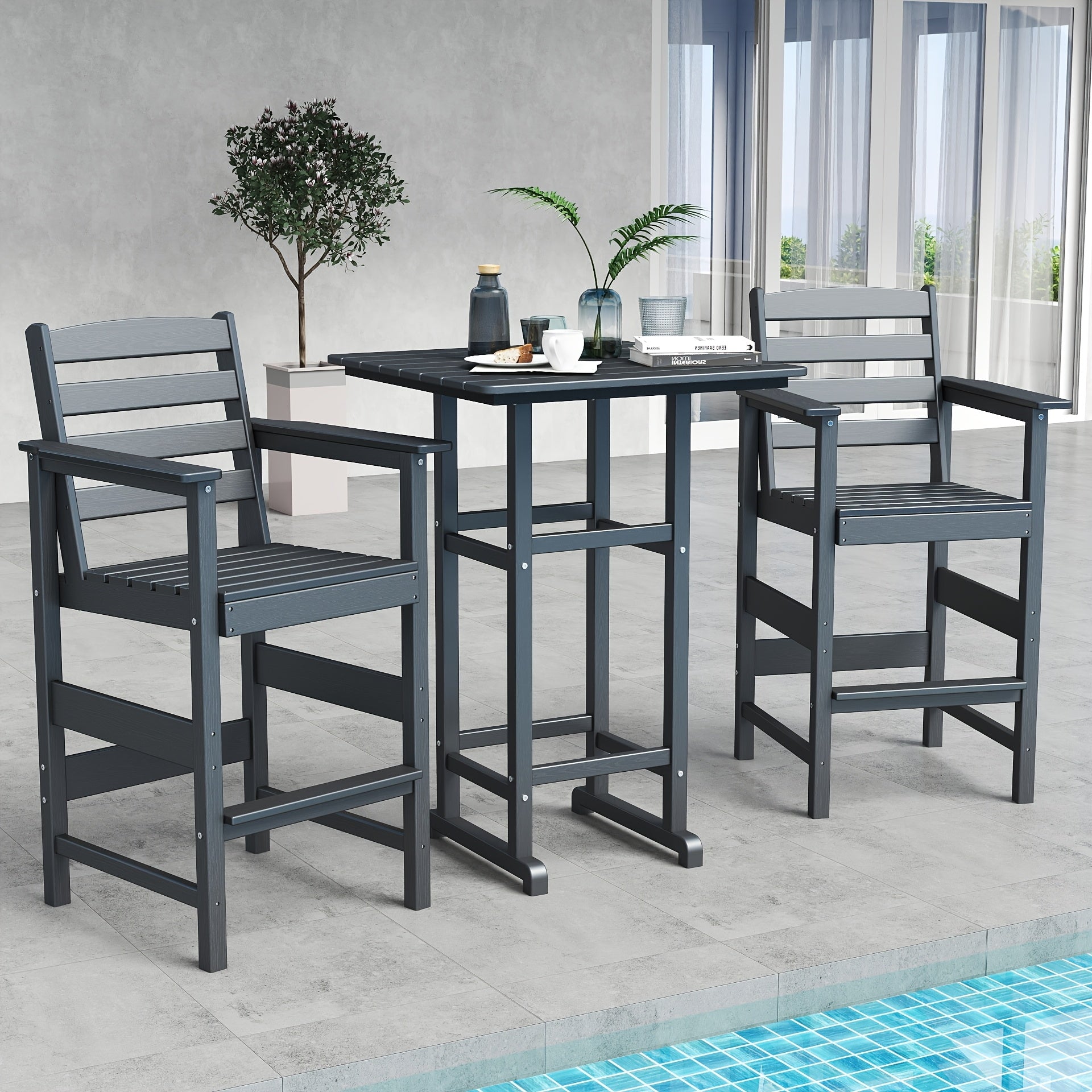 Awoutwood Tall Adirondack Bar Set chair & HDPE Bar Table, 3-Piece & 5-Piece Bar Set, Weatherproof Wood Grain Outdoor Patio Furniture
