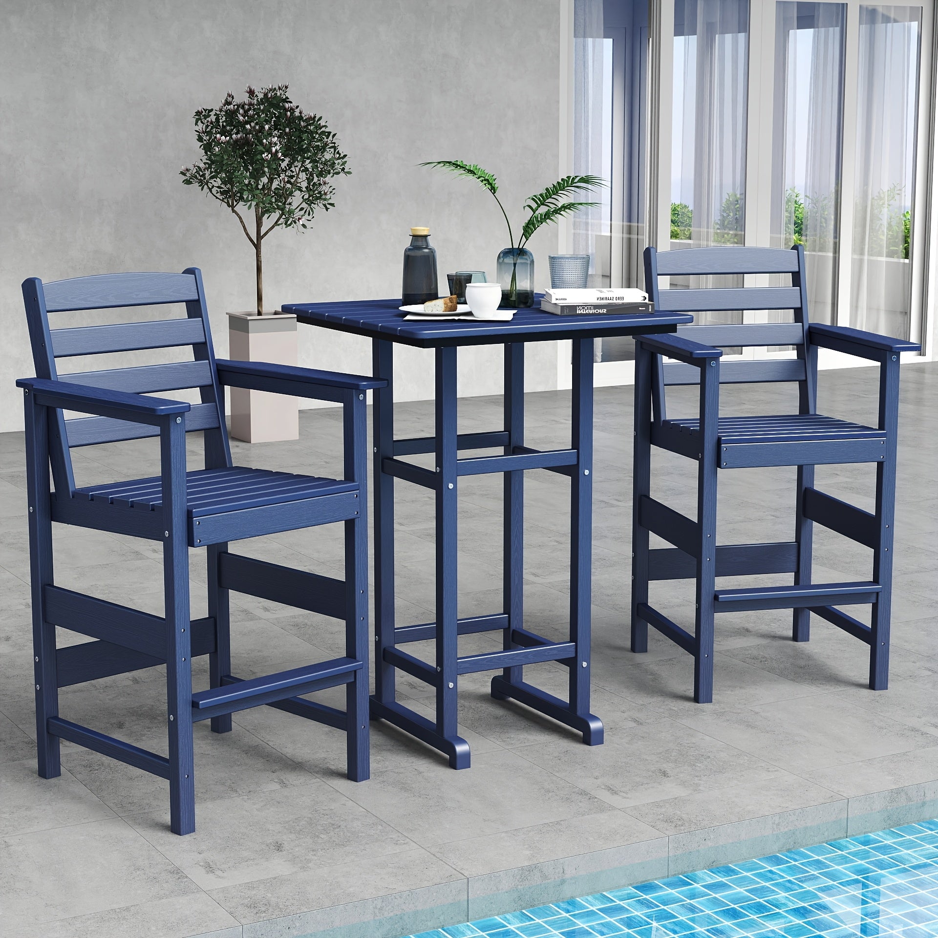 Awoutwood Tall Adirondack Bar Set chair & HDPE Bar Table, 3-Piece & 5-Piece Bar Set, Weatherproof Wood Grain Outdoor Patio Furniture