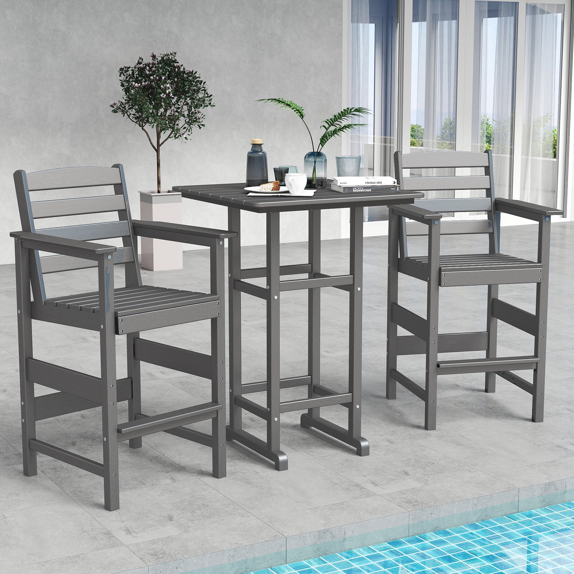 Awoutwood Tall Adirondack Bar Set chair & HDPE Bar Table, 3-Piece & 5-Piece Bar Set, Weatherproof Wood Grain Outdoor Patio Furniture