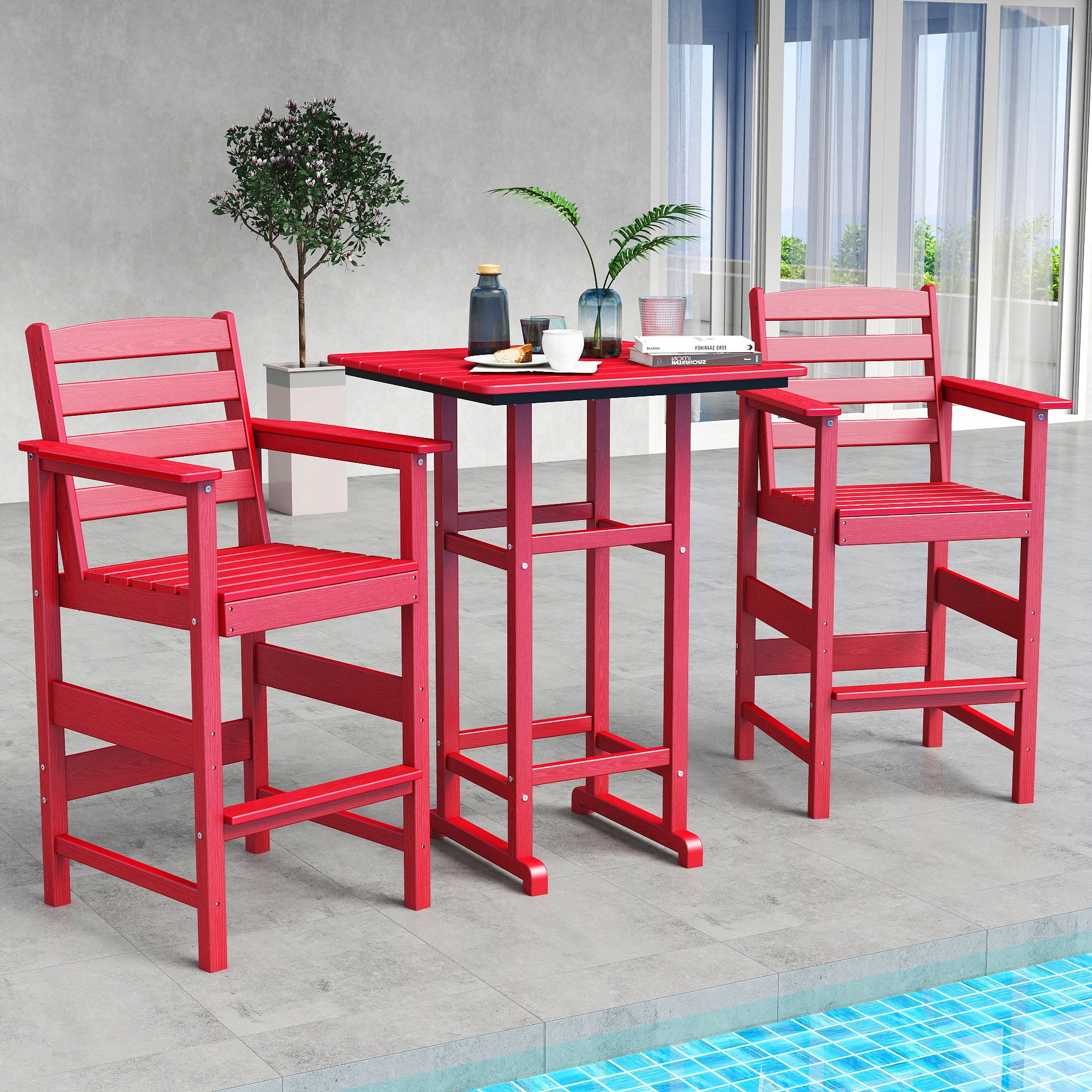 Awoutwood Tall Adirondack Bar Set chair & HDPE Bar Table, 3-Piece & 5-Piece Bar Set, Weatherproof Wood Grain Outdoor Patio Furniture