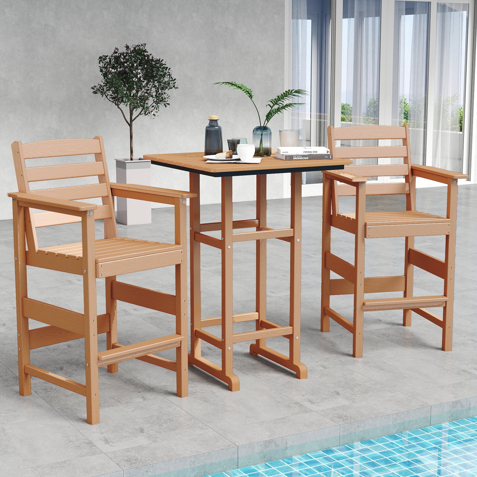 Awoutwood Tall Adirondack Bar Set chair & HDPE Bar Table, 3-Piece & 5-Piece Bar Set, Weatherproof Wood Grain Outdoor Patio Furniture